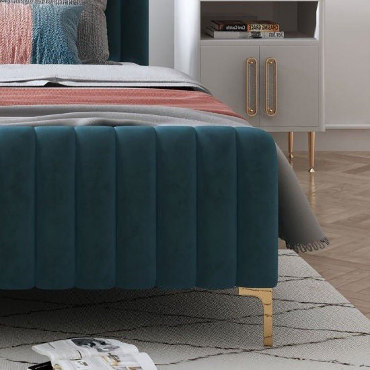 Trevinox King size Upholstered Bed in Teal Colour Without Box Storage