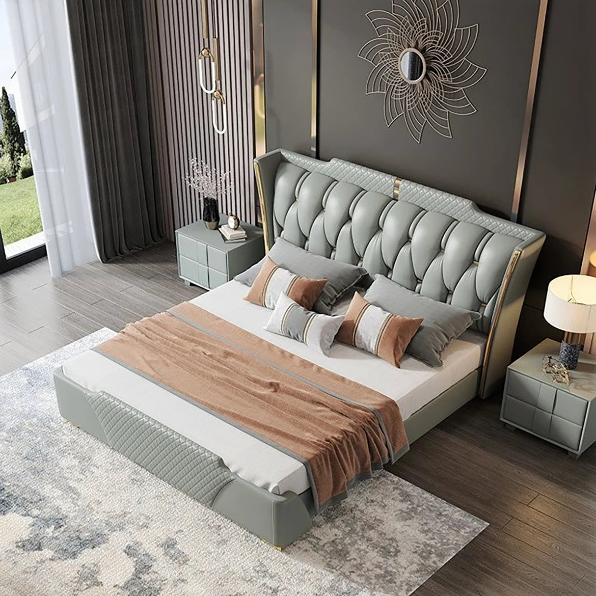 Alderon Upholstered Bed in Greyish Blue Colour With Box Storage