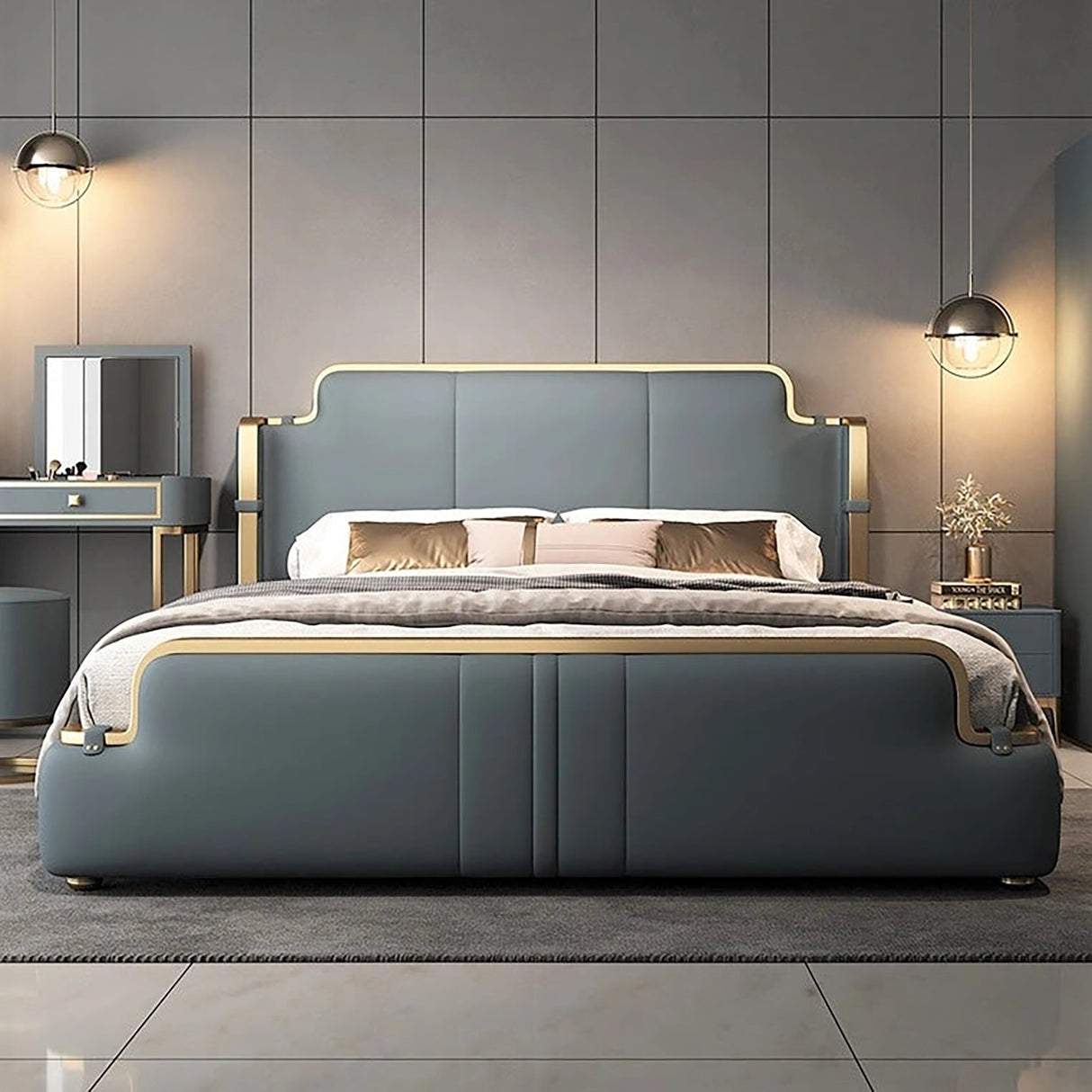 Elara Upholstered Bed in Greyish Blue Colour With Box Storage