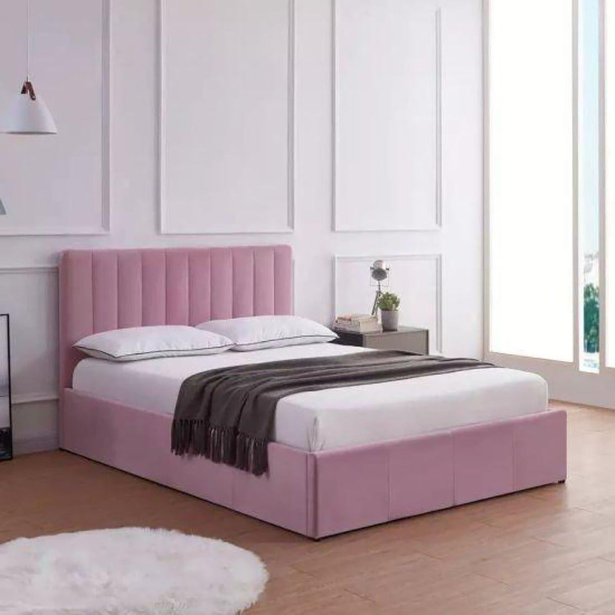 Logshire Upholstered Bed in Light Pink Colour With Box Storage