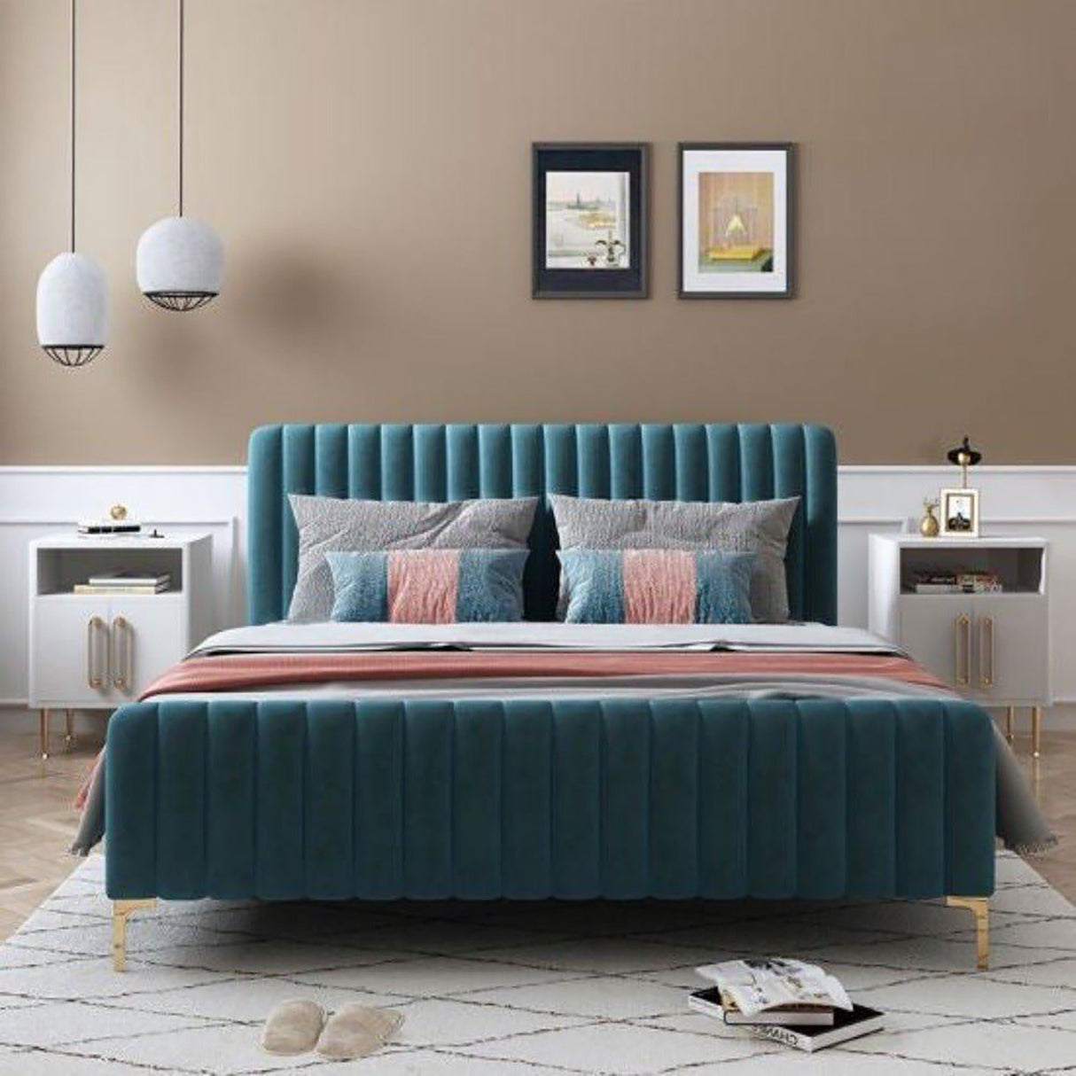 Trevinox King size Upholstered Bed in Teal Colour Without Box Storage