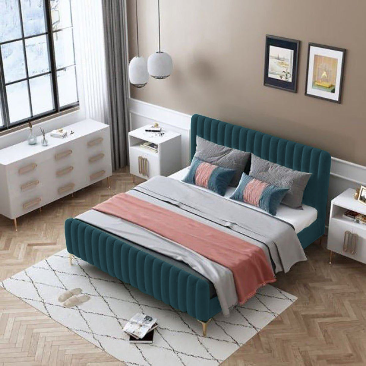 Trevinox King size Upholstered Bed in Teal Colour Without Box Storage