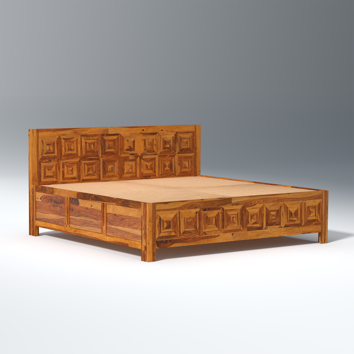 Ember Sheesham Wood Bed in Light Honey Finish With Box Storage