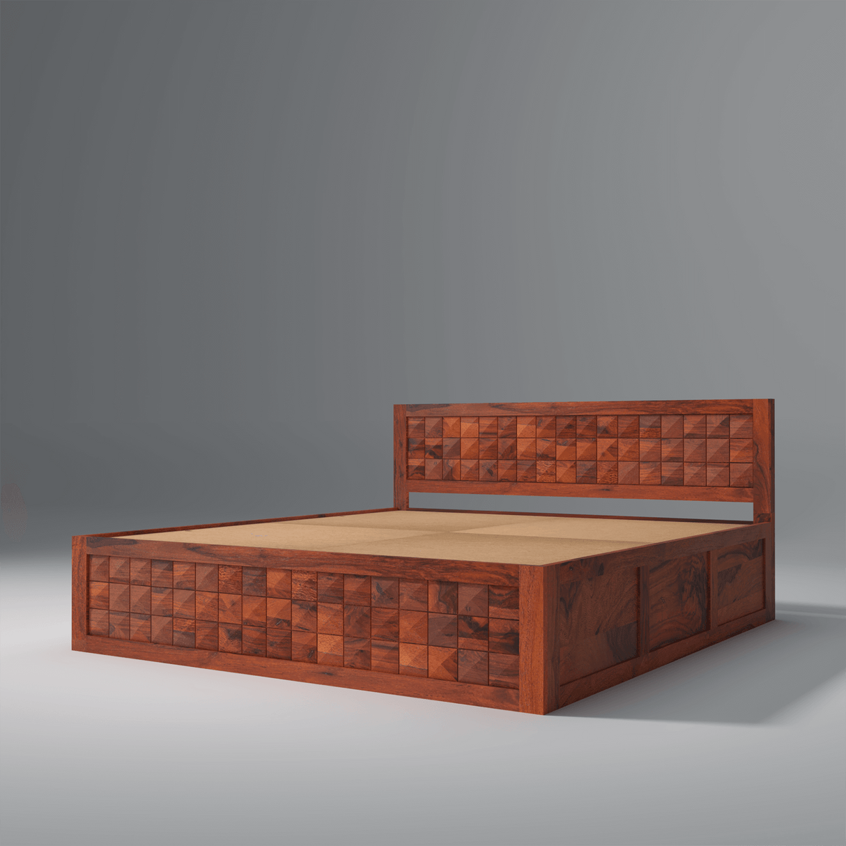 Pluto Sheesham Solid Wood Bedwith Storage In Reddish Rosewood