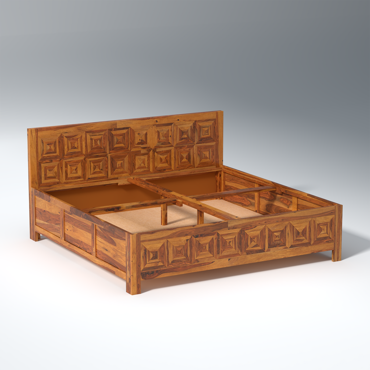 Ember Sheesham Wood Bed in Light Honey Finish With Box Storage