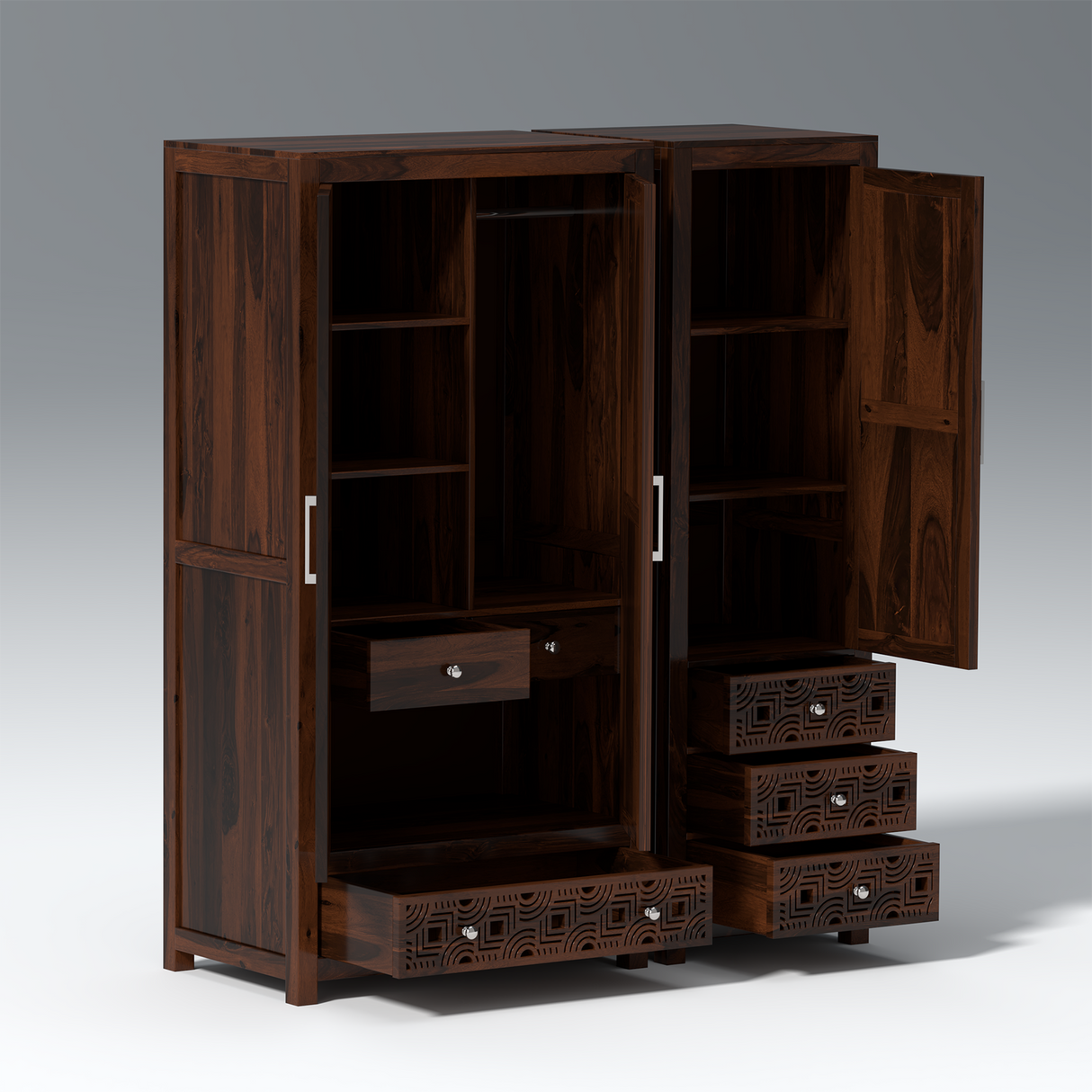 Summita Three Door Sheesham Wood Wardrobe in Walnut Colour