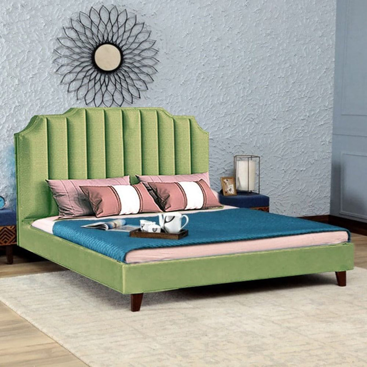 Ridge Upholstered Bed in green Colour Without Box Storage