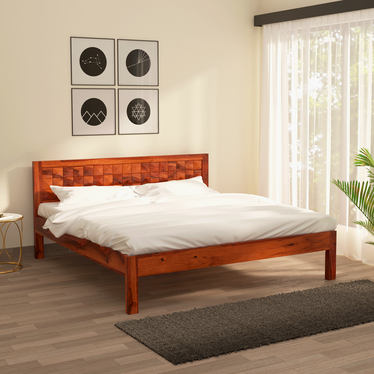 Pluto Sheesham Wood Non Storage Bed in Light Honey Finish