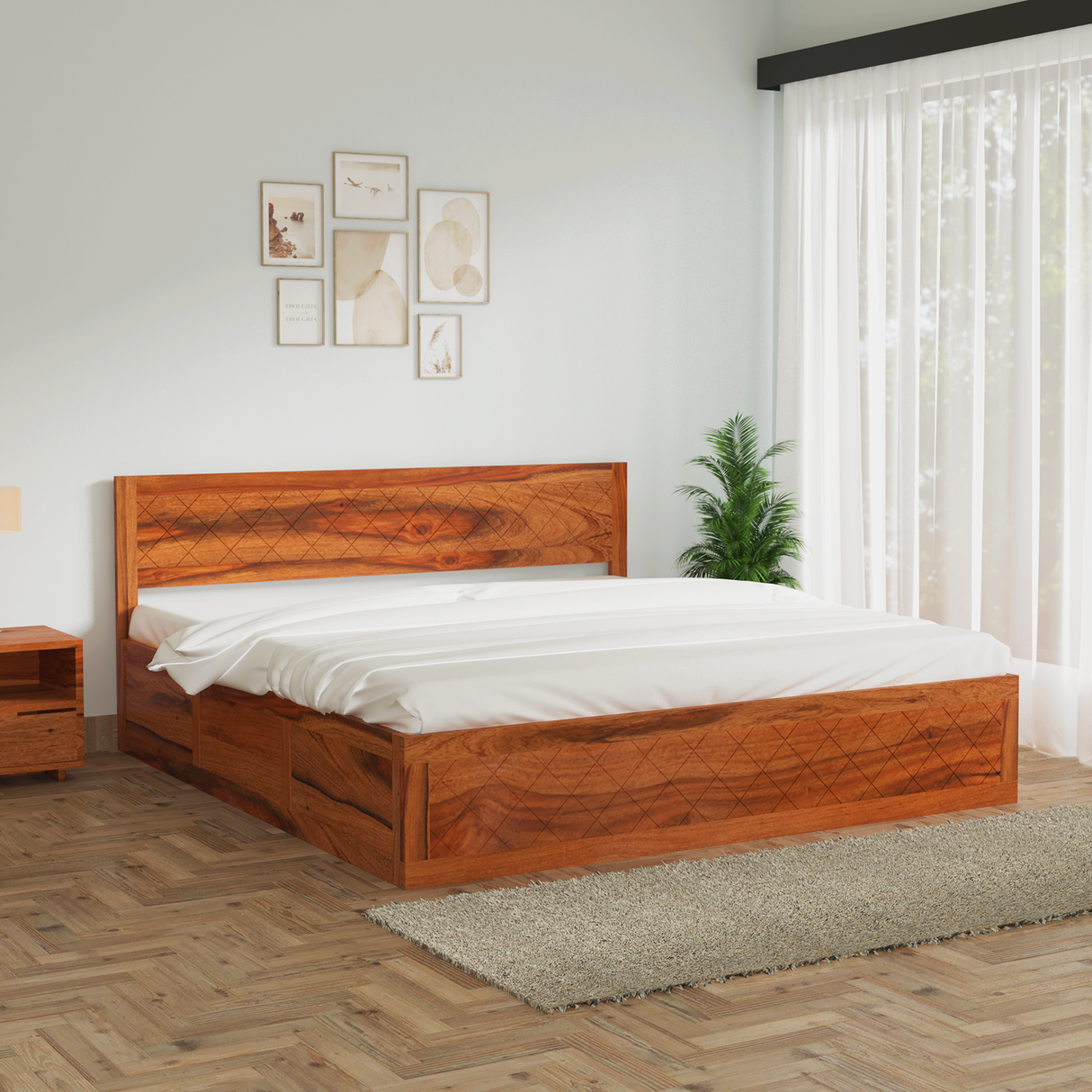 Lofted Sheesham Wood bed with Box Storage in Maharani Color