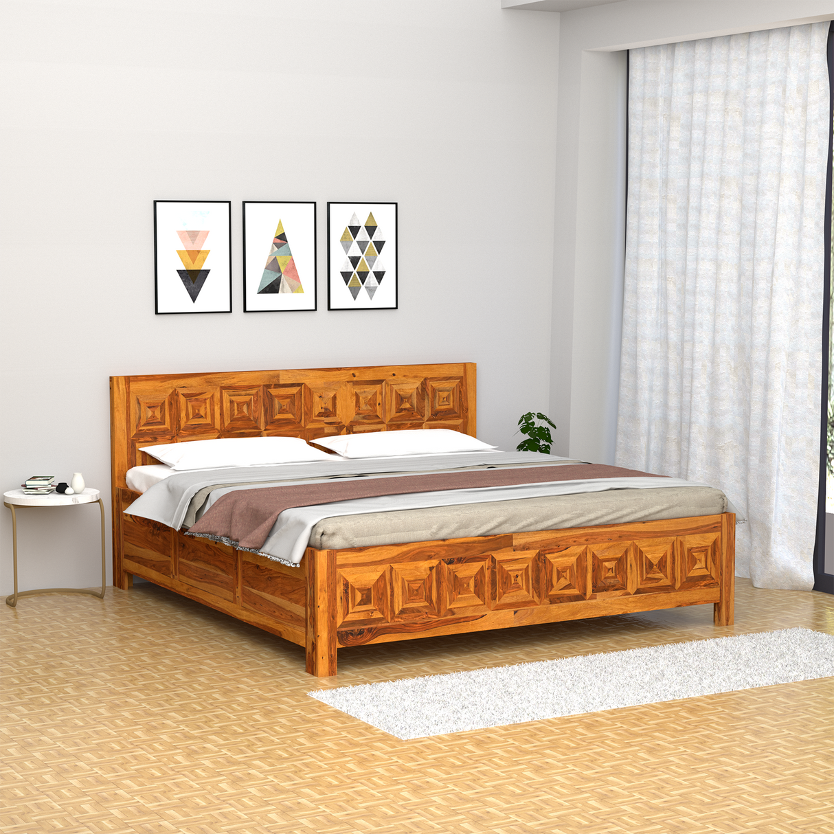 Ember Sheesham Wood Bed in Light Honey Finish With Box Storage