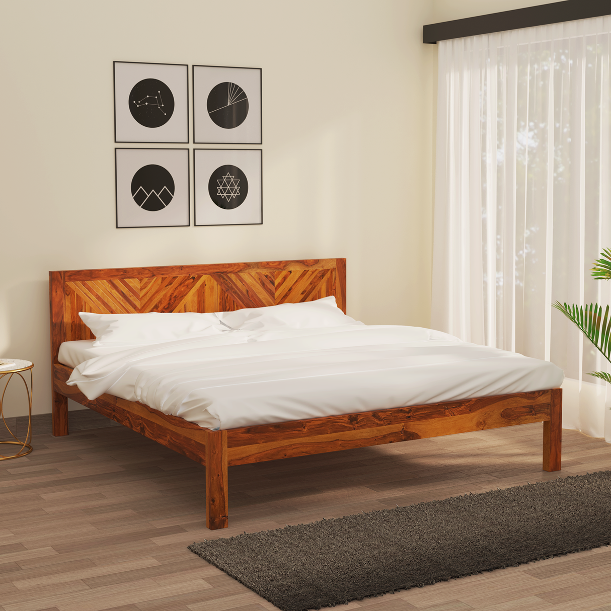 Alpha Sheesham Wood Non Storage Bed in Light Honey Finish