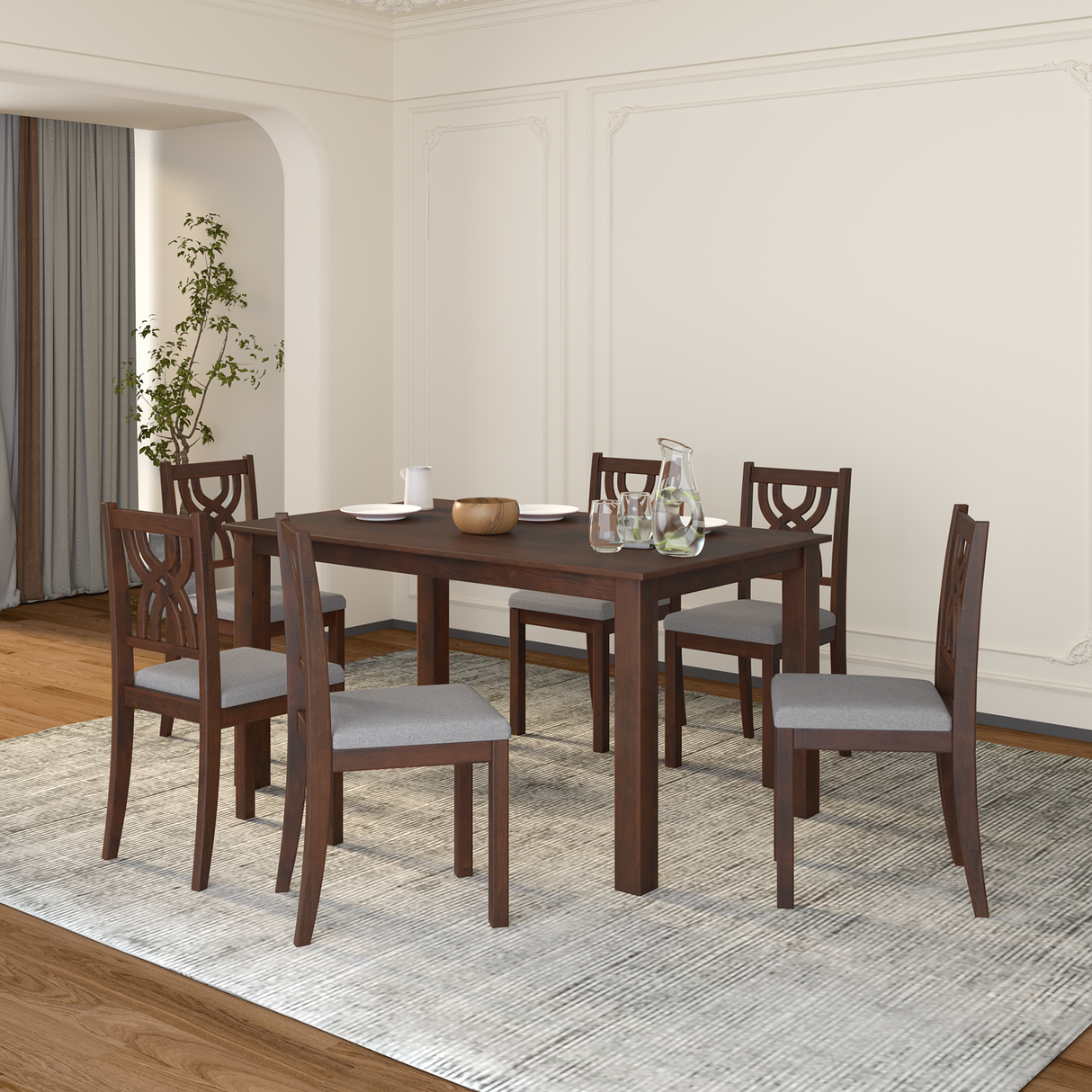 Oliver Mango Wood 6 Seater Dining Table Set In Walnut