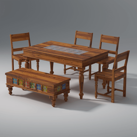 Keller Sheesham Wood Dining Table Set (6 Seater) In Reddish Rosewood